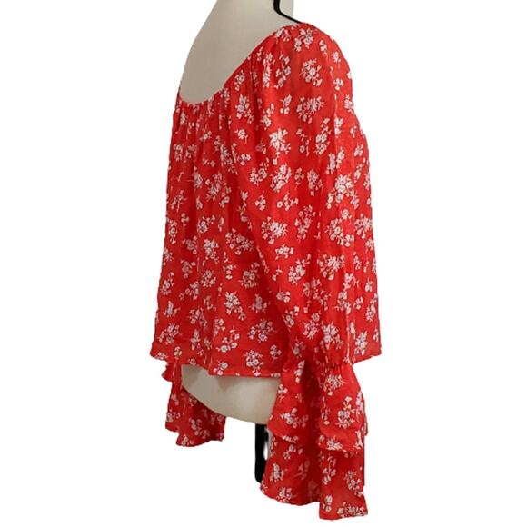 Peach Love Red/Orange V Neck Floral Top Medium - Picture 3 of 7